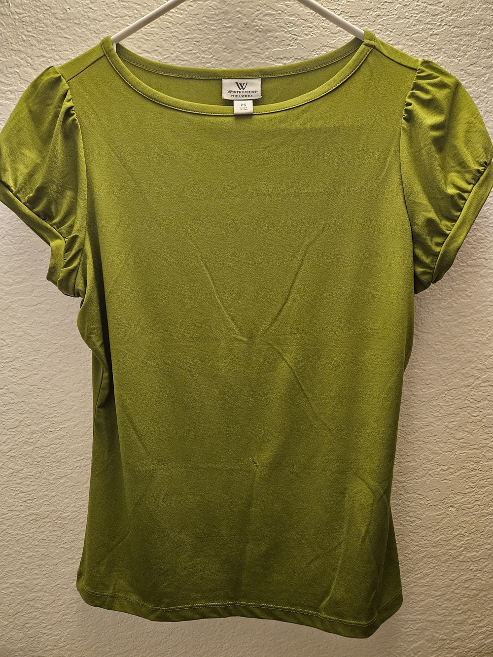 Worthington Olive Green Short Sleeve Puff-Sleeve Crewneck Top